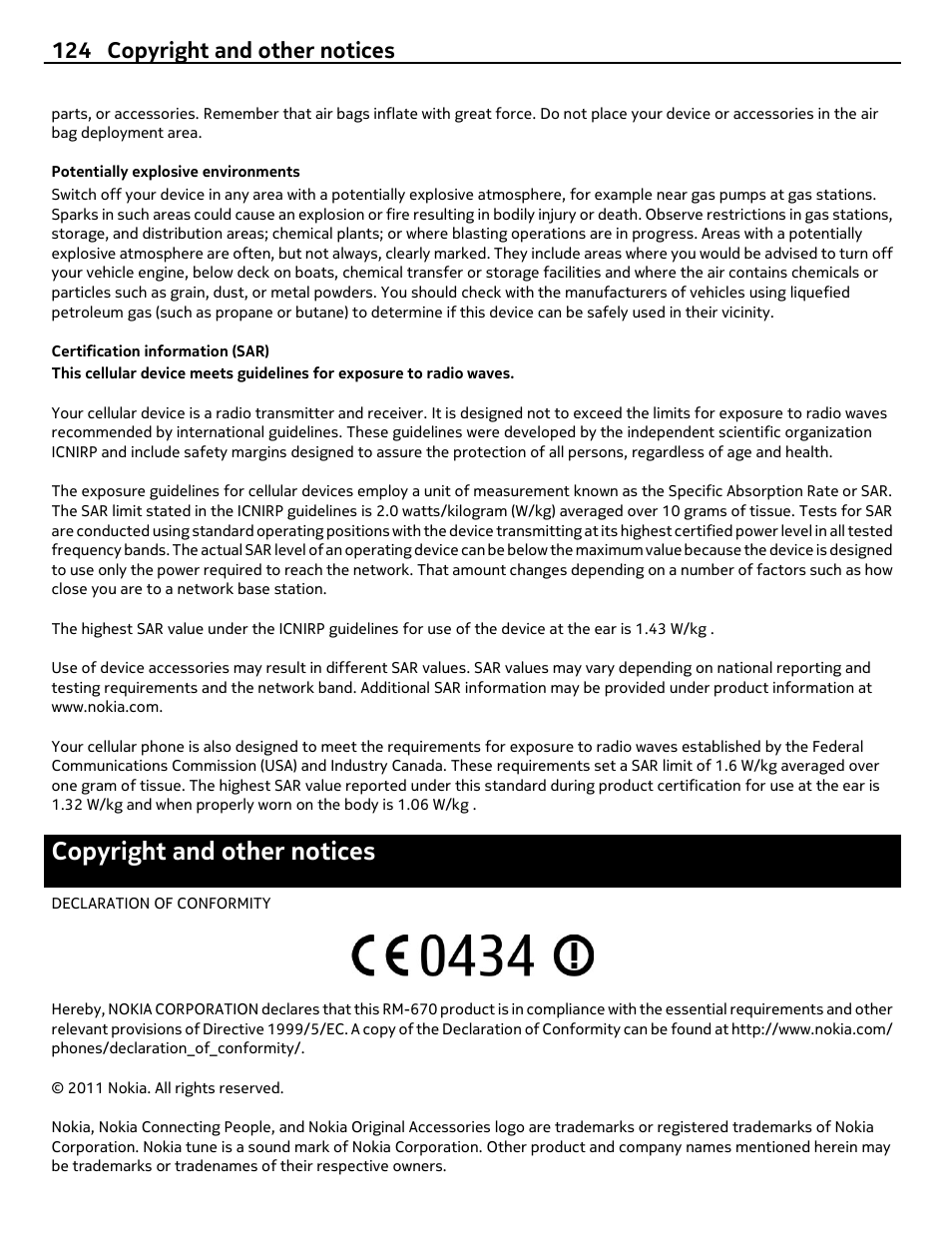 Potentially explosive environments, Certification information (sar), Copyright and other notices | 124 copyright and other notices | Nokia 700 User Manual | Page 124 / 130