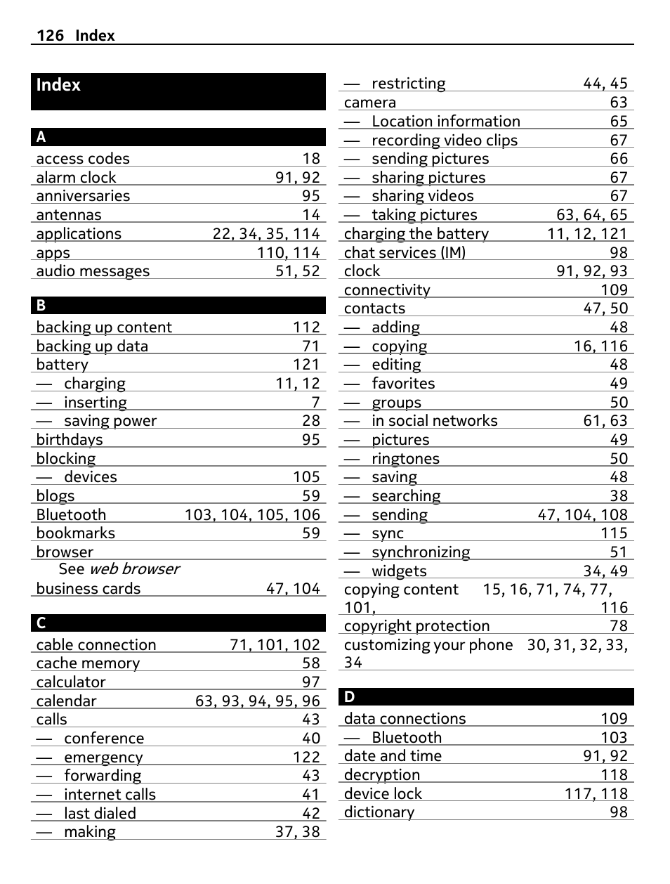 Index | Nokia 700 User Manual | Page 126 / 130