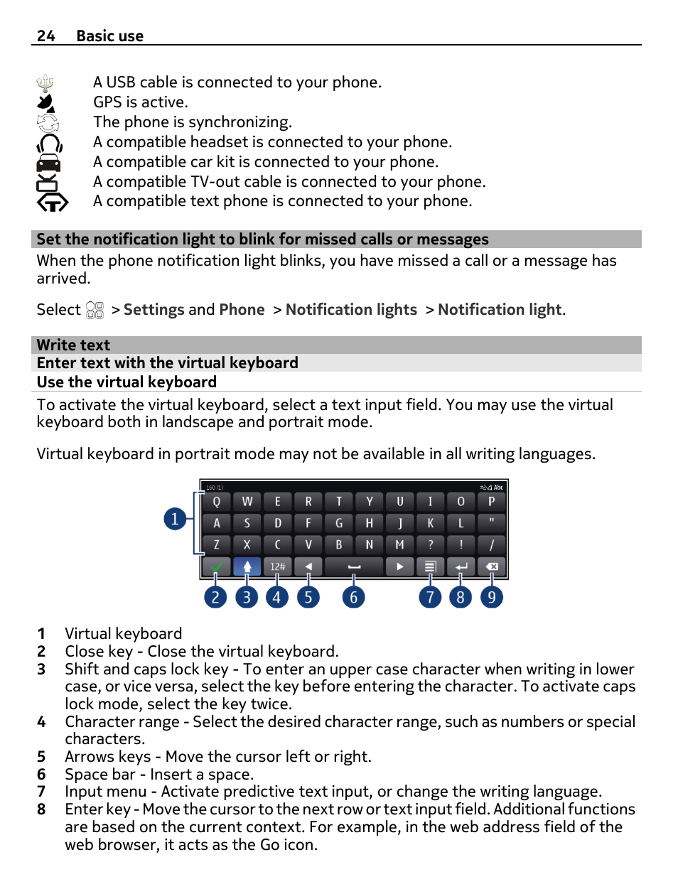 Write text, Enter text with the virtual keyboard, Use the virtual keyboard | Set the notification light to blink for, Missed calls or messages | Nokia 700 User Manual | Page 24 / 130