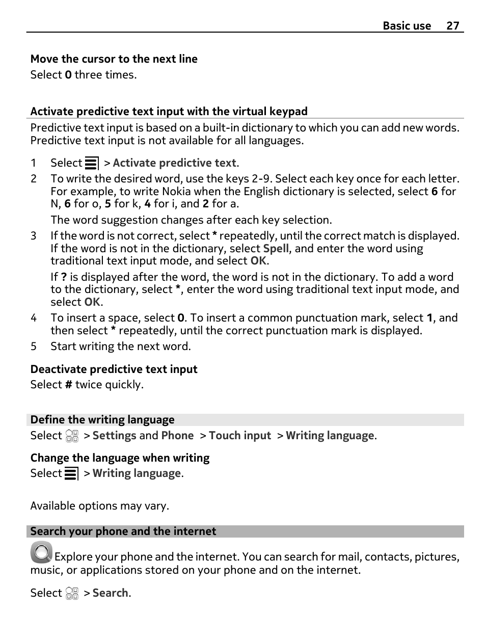 Define the writing language, Search your phone and the internet, Search your phone and the internet 27 | Nokia 700 User Manual | Page 27 / 130