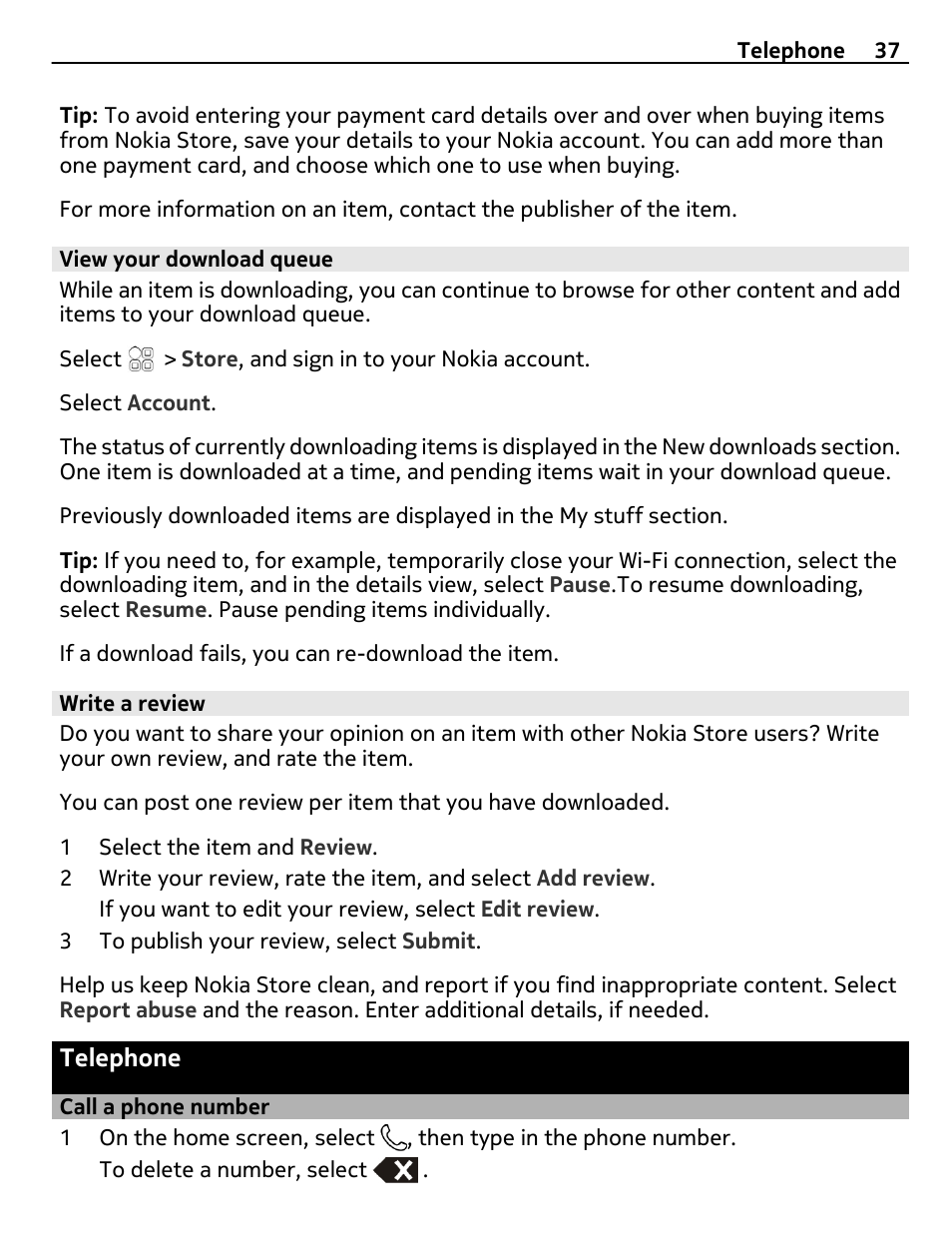 View your download queue, Write a review, Telephone | Call a phone number | Nokia 700 User Manual | Page 37 / 130