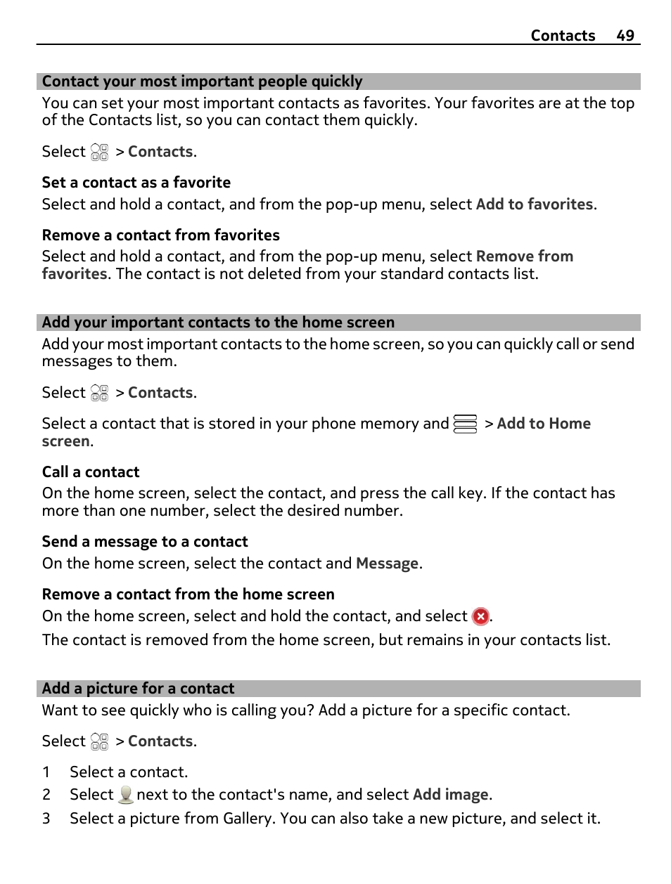 Contact your most important people quickly, Add your important contacts to the home screen, Add a picture for a contact | Contact your most important people, Quickly, Add your important contacts to the, Home screen | Nokia 700 User Manual | Page 49 / 130