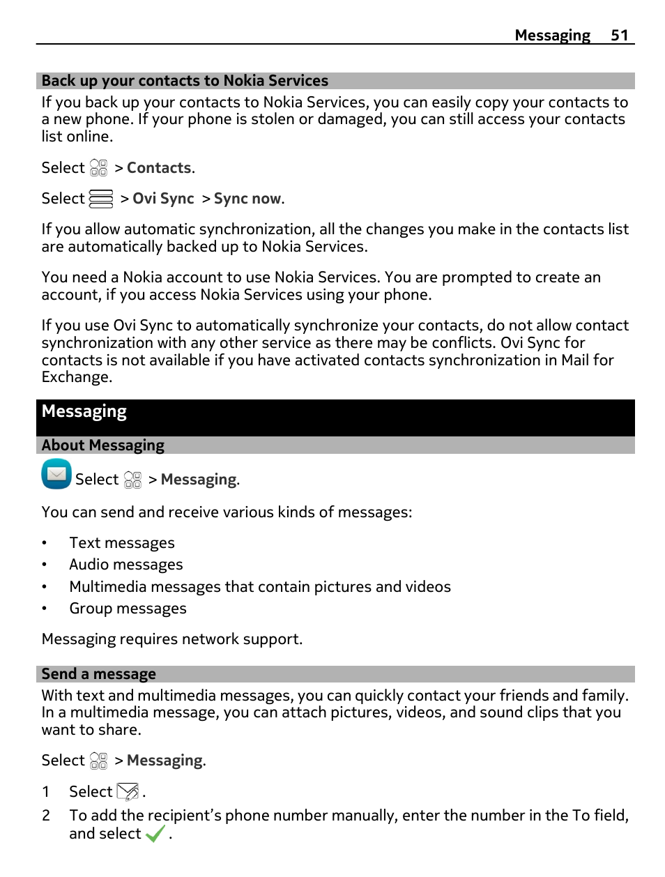 Back up your contacts to nokia services, Messaging, About messaging | Send a message, Back up your contacts to nokia, Services | Nokia 700 User Manual | Page 51 / 130