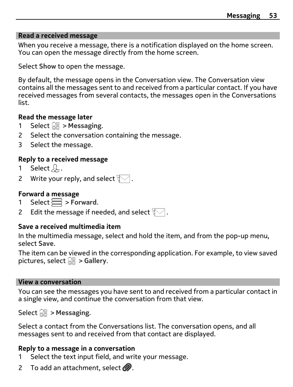 Read a received message, View a conversation | Nokia 700 User Manual | Page 53 / 130