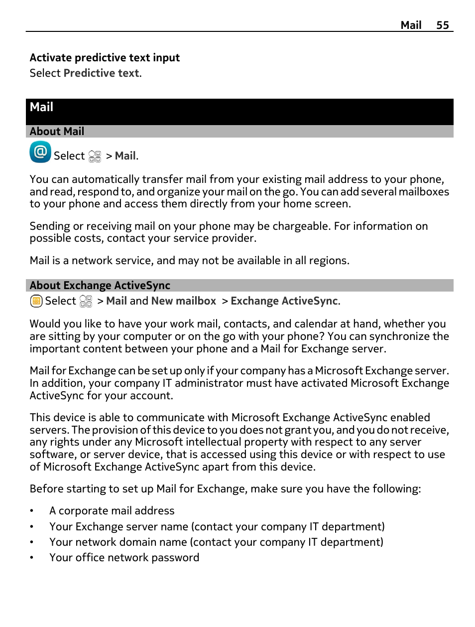 Mail, About mail, About exchange activesync | Nokia 700 User Manual | Page 55 / 130