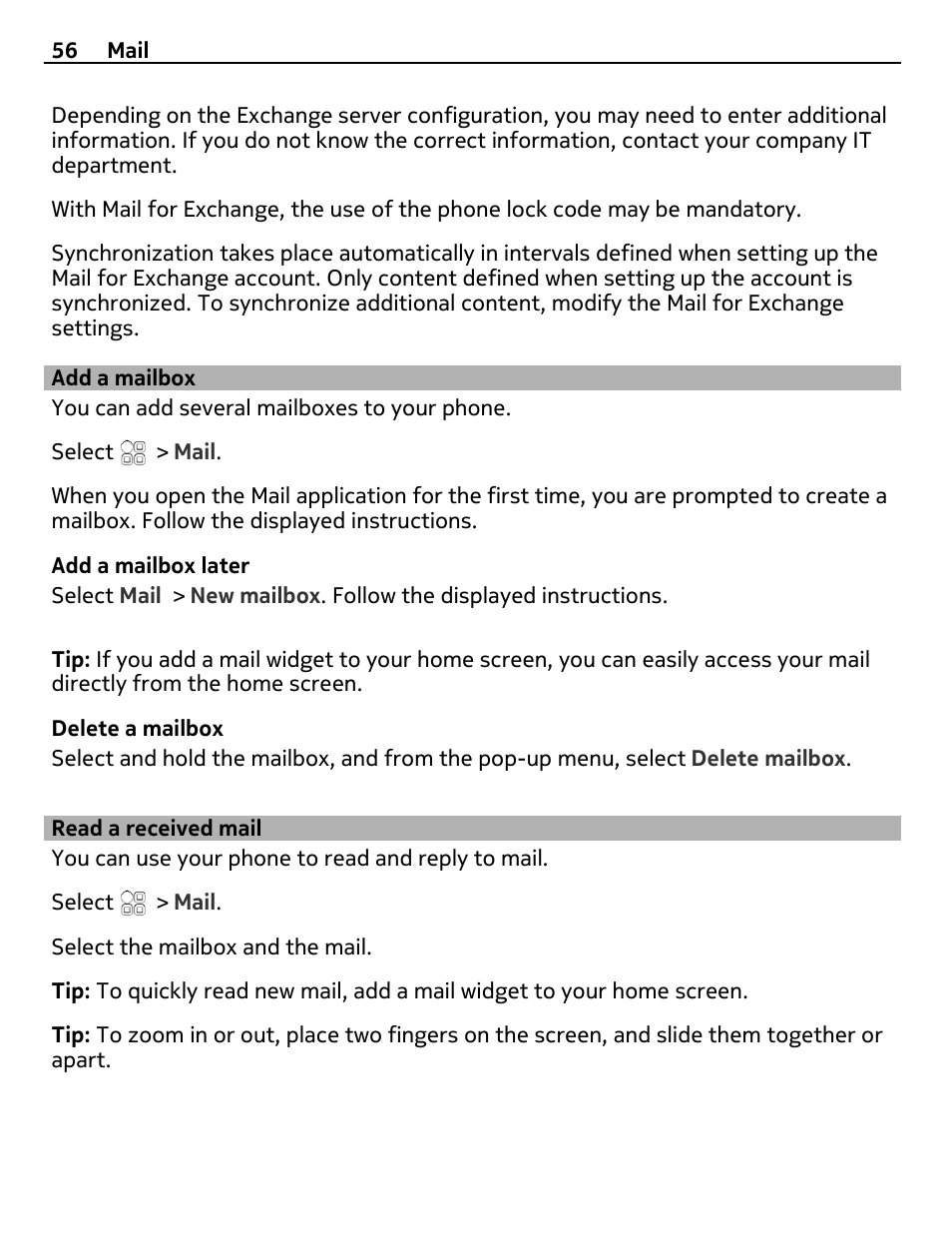 Add a mailbox, Read a received mail | Nokia 700 User Manual | Page 56 / 130