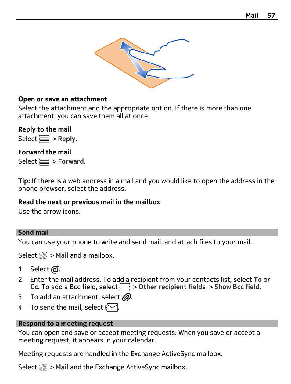 Send mail, Respond to a meeting request | Nokia 700 User Manual | Page 57 / 130