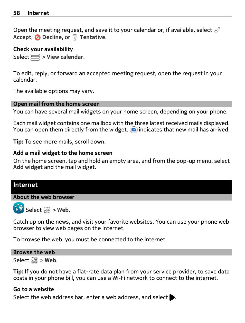 Open mail from the home screen, Internet, About the web browser | Browse the web | Nokia 700 User Manual | Page 58 / 130