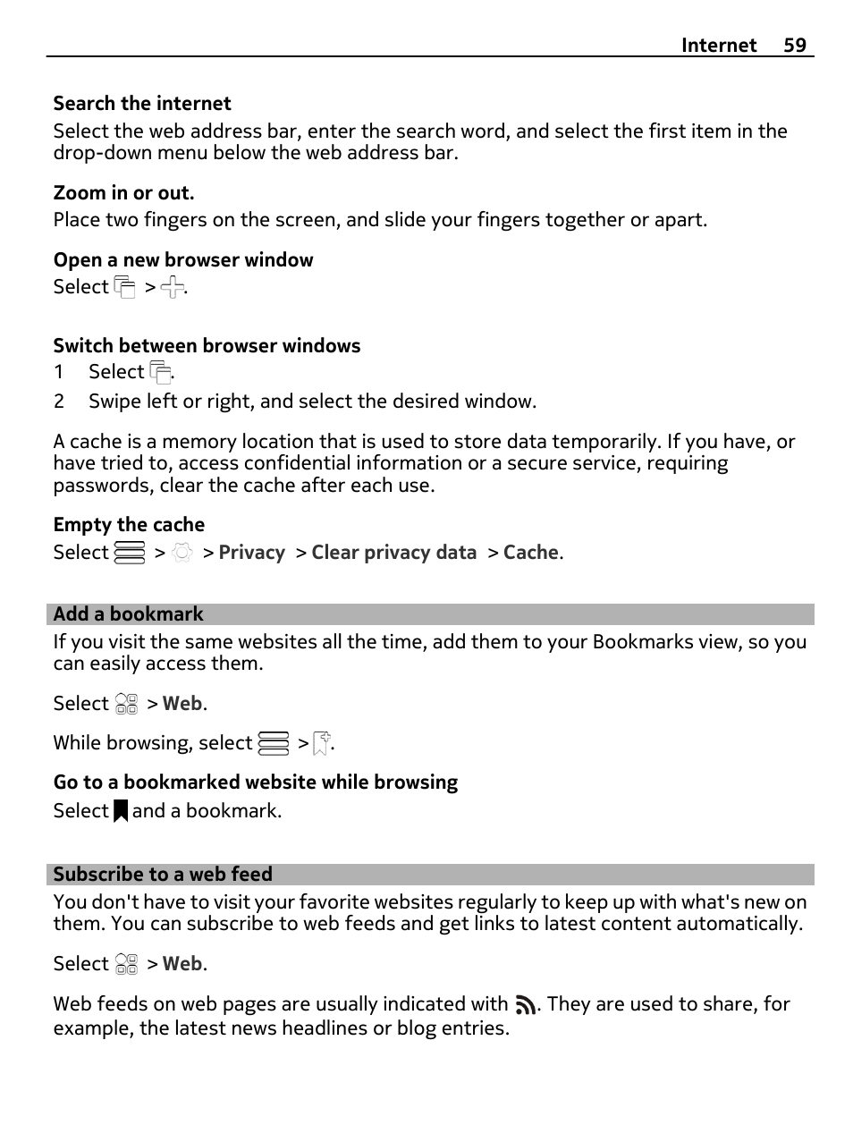 Add a bookmark, Subscribe to a web feed | Nokia 700 User Manual | Page 59 / 130