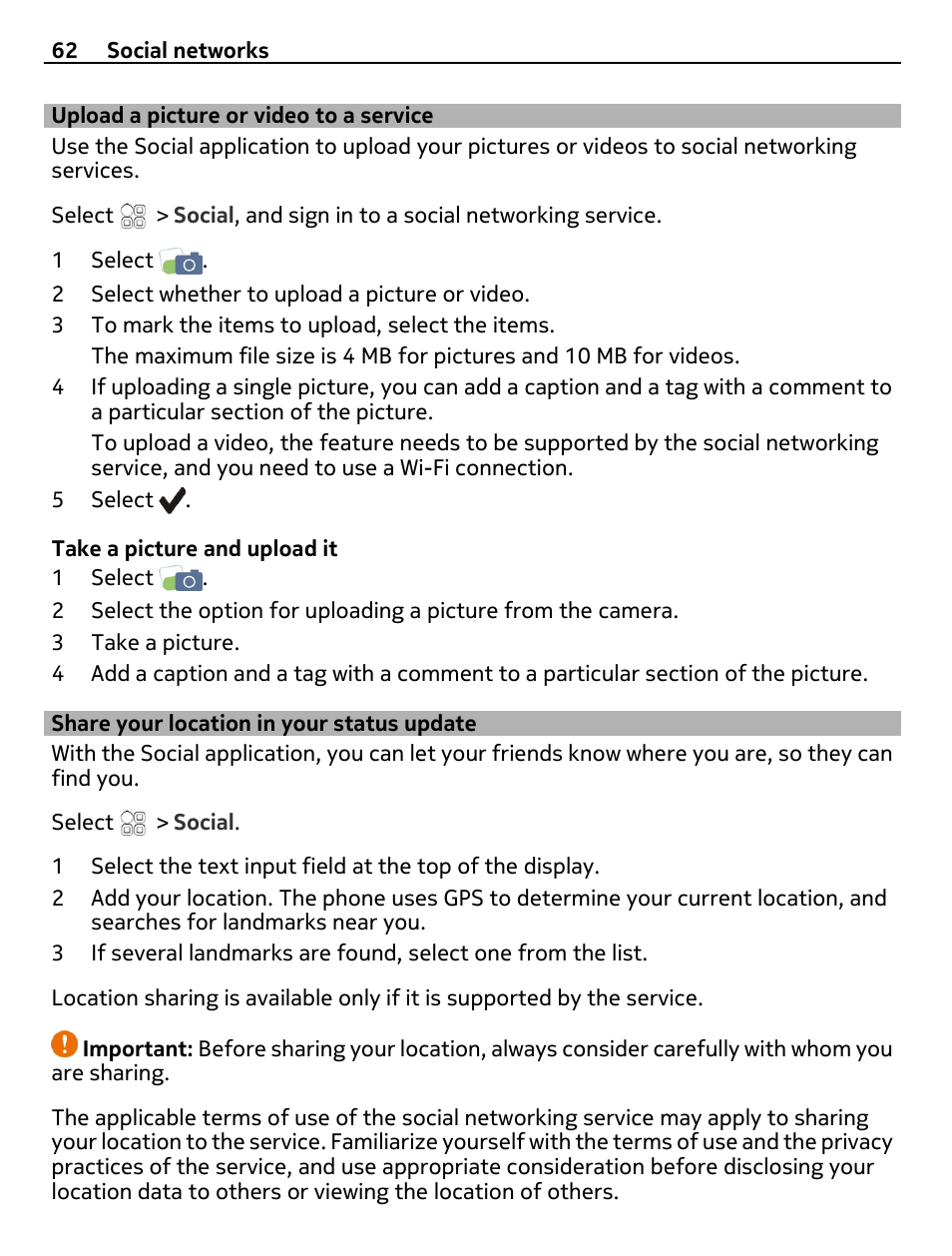 Upload a picture or video to a service, Share your location in your status update, Upload a picture or video to a service 62 | Share your location in your status, Update | Nokia 700 User Manual | Page 62 / 130