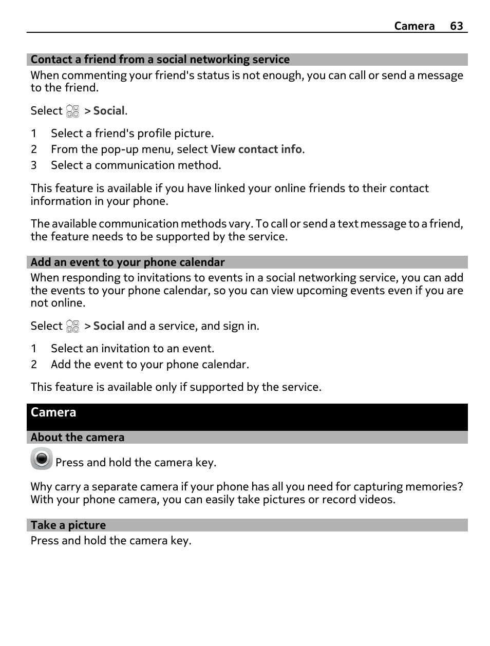 Contact a friend from a social networking service, Add an event to your phone calendar, Camera | About the camera, Take a picture, Contact a friend from a social, Networking service, Add an event to your phone calendar 63 | Nokia 700 User Manual | Page 63 / 130