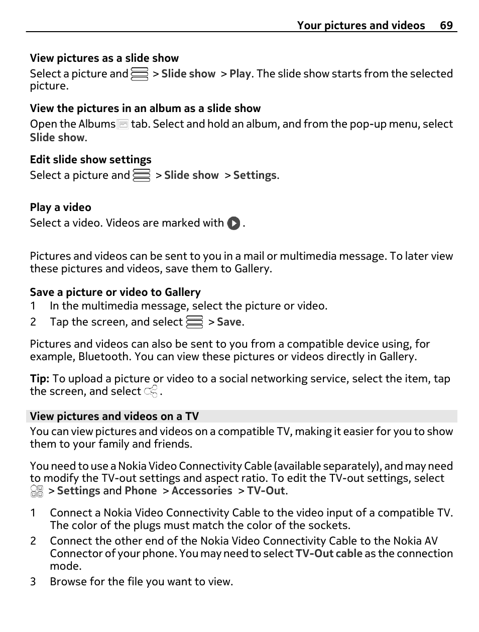 View pictures and videos on a tv | Nokia 700 User Manual | Page 69 / 130