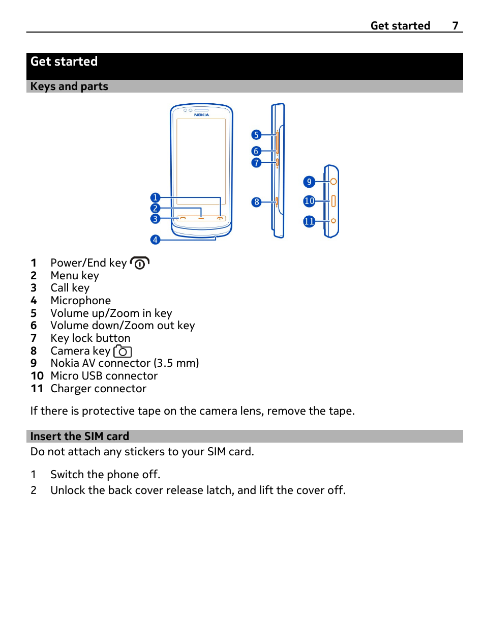 Get started, Keys and parts, Insert the sim card | Nokia 700 User Manual | Page 7 / 130