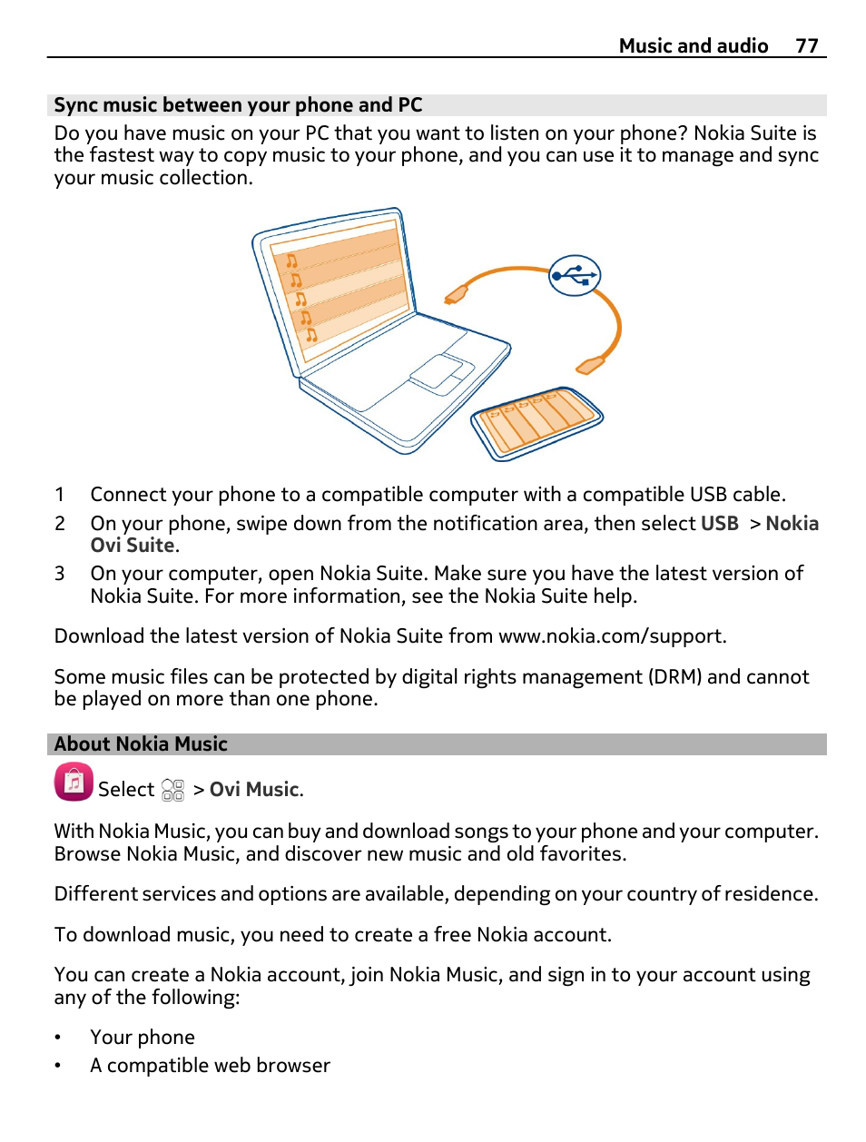 Sync music between your phone and pc, About nokia music | Nokia 700 User Manual | Page 77 / 130