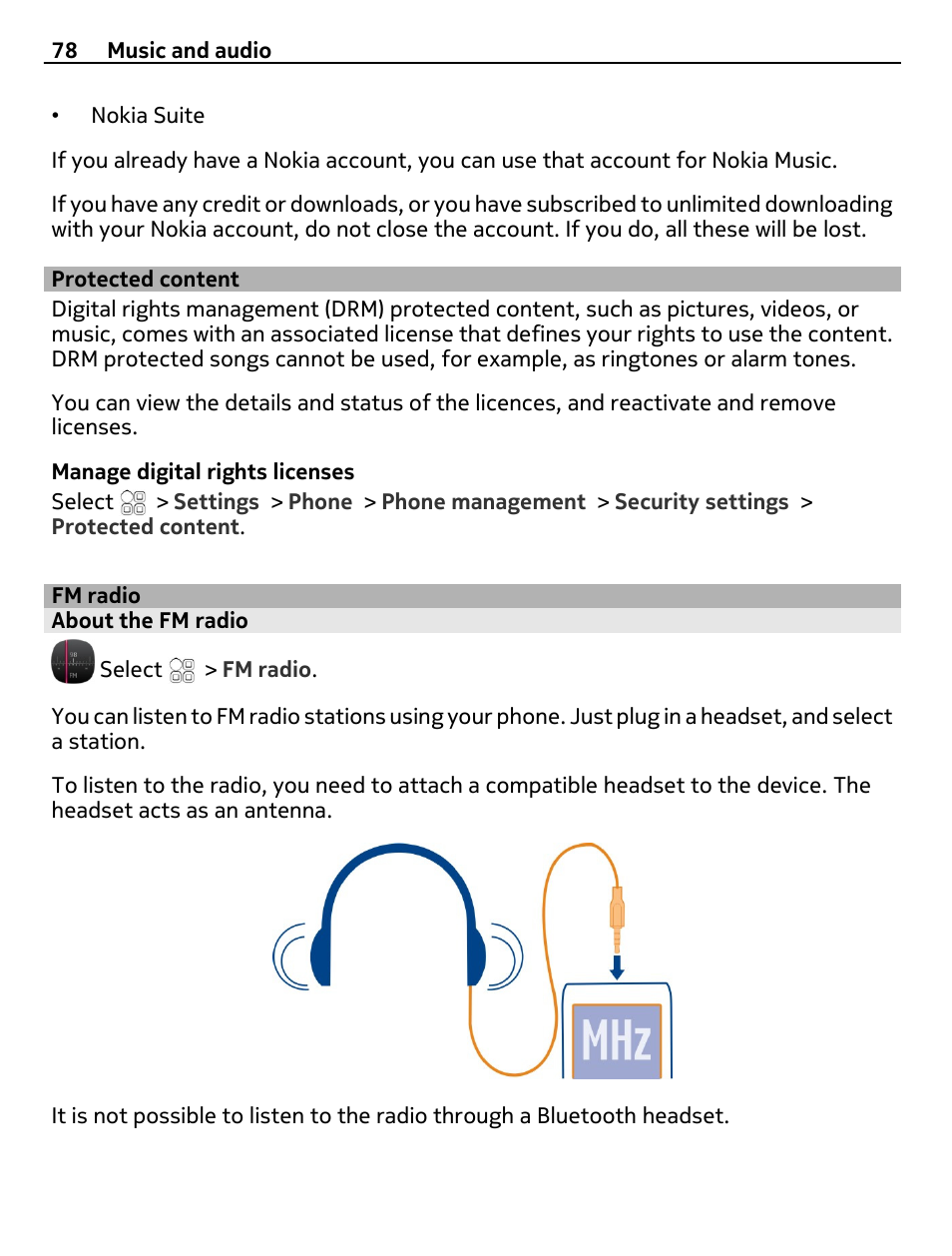 Protected content, Fm radio, About the fm radio | Nokia 700 User Manual | Page 78 / 130