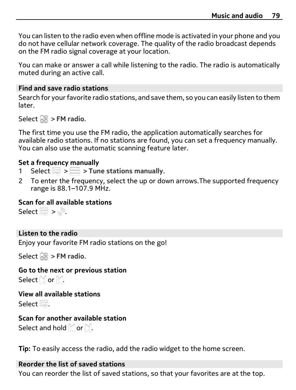 Find and save radio stations, Listen to the radio, Reorder the list of saved stations | Nokia 700 User Manual | Page 79 / 130