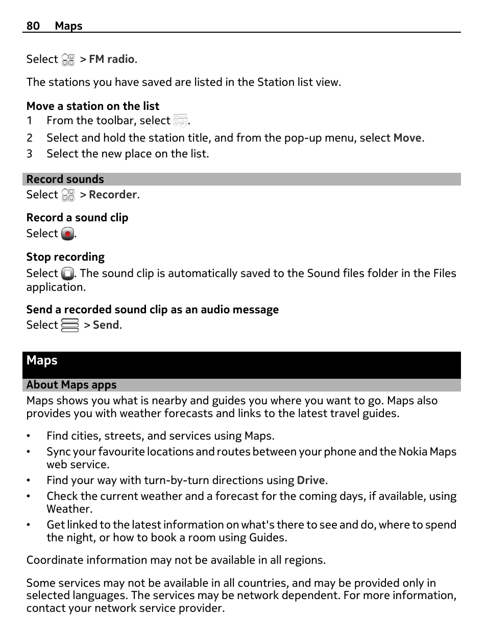 Record sounds, Maps, About maps apps | Nokia 700 User Manual | Page 80 / 130