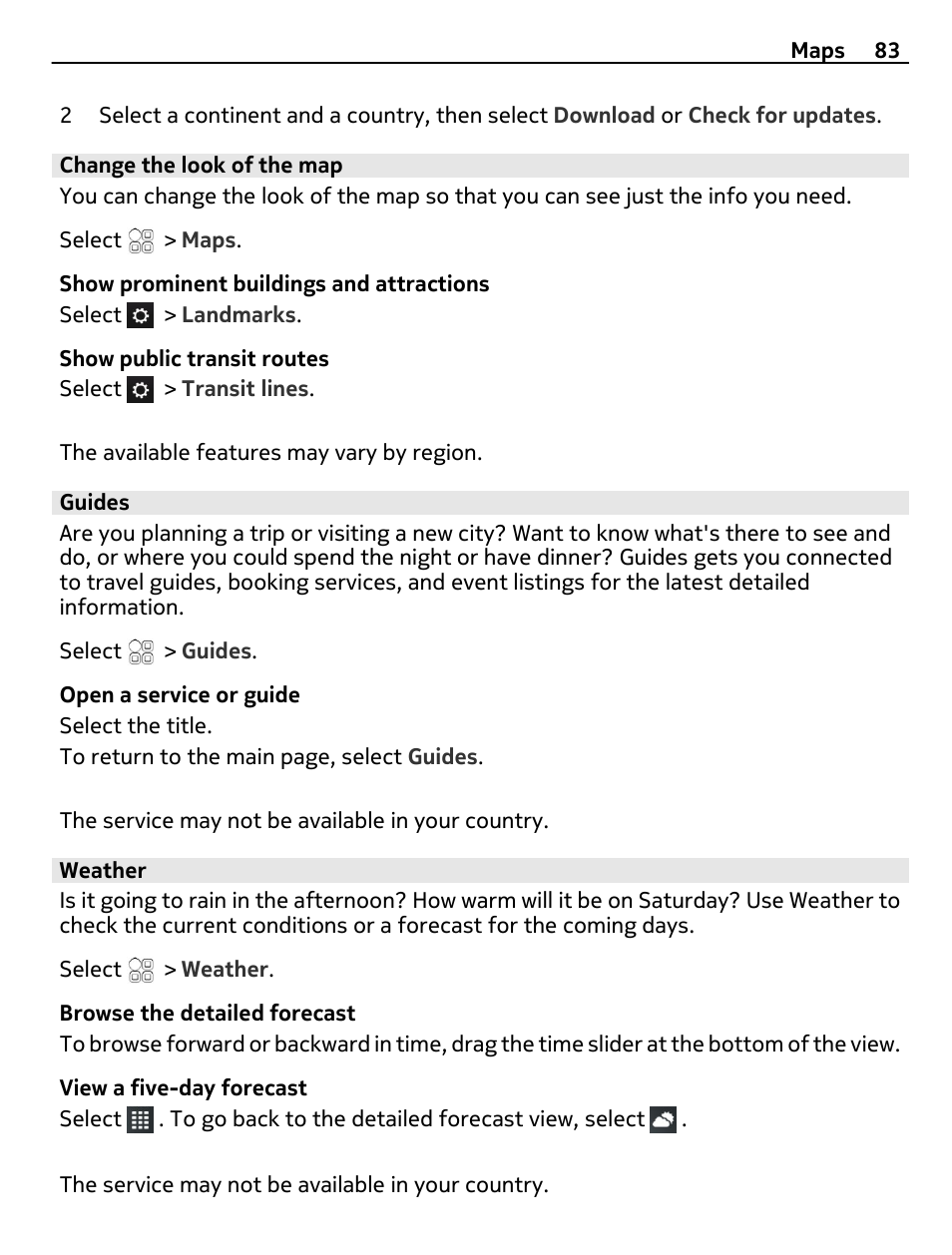 Change the look of the map, Guides, Weather | Nokia 700 User Manual | Page 83 / 130
