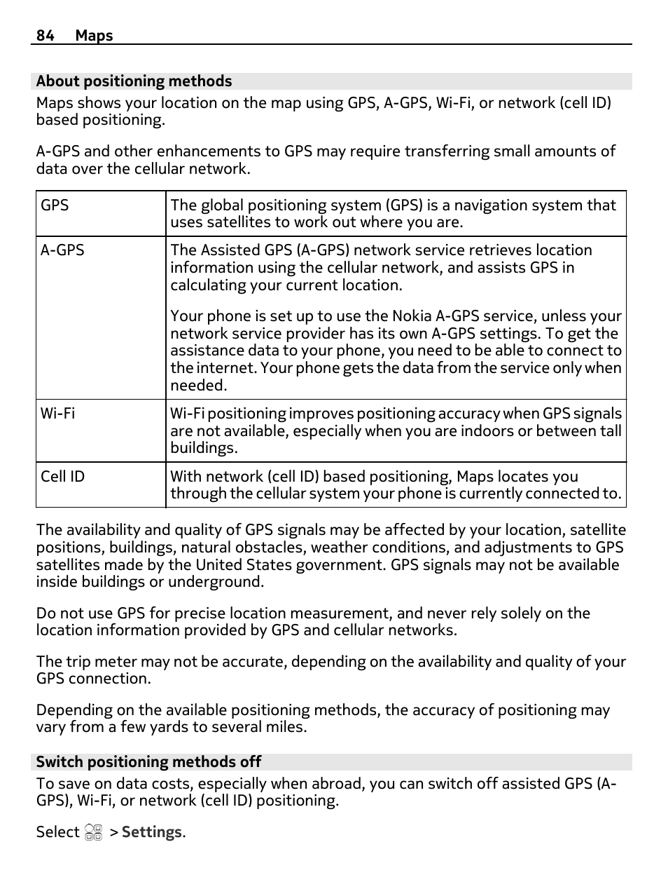 About positioning methods, Switch positioning methods off | Nokia 700 User Manual | Page 84 / 130
