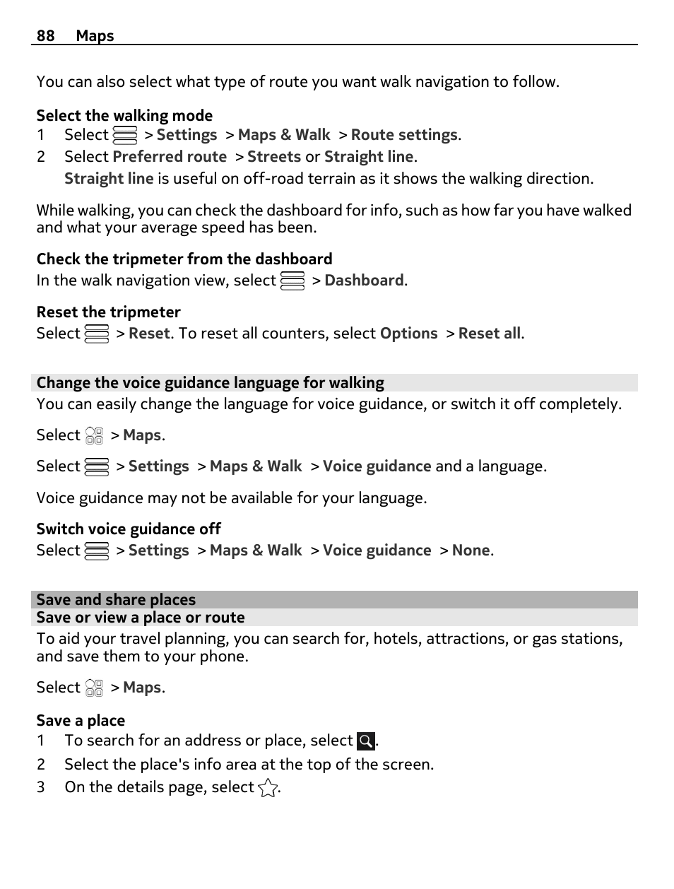 Change the voice guidance language for walking, Save and share places, Save or view a place or route | Nokia 700 User Manual | Page 88 / 130