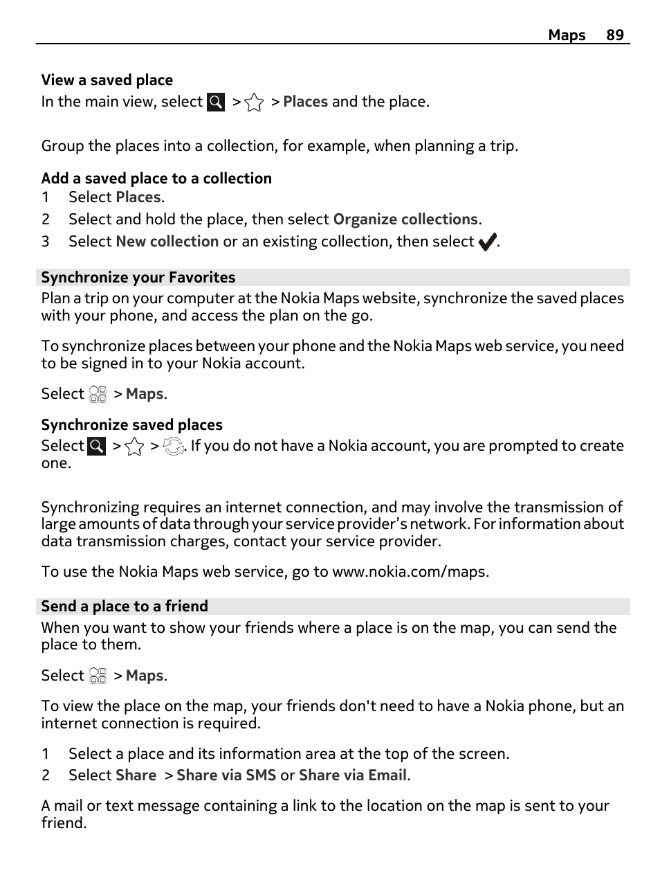 Synchronize your favorites, Send a place to a friend | Nokia 700 User Manual | Page 89 / 130