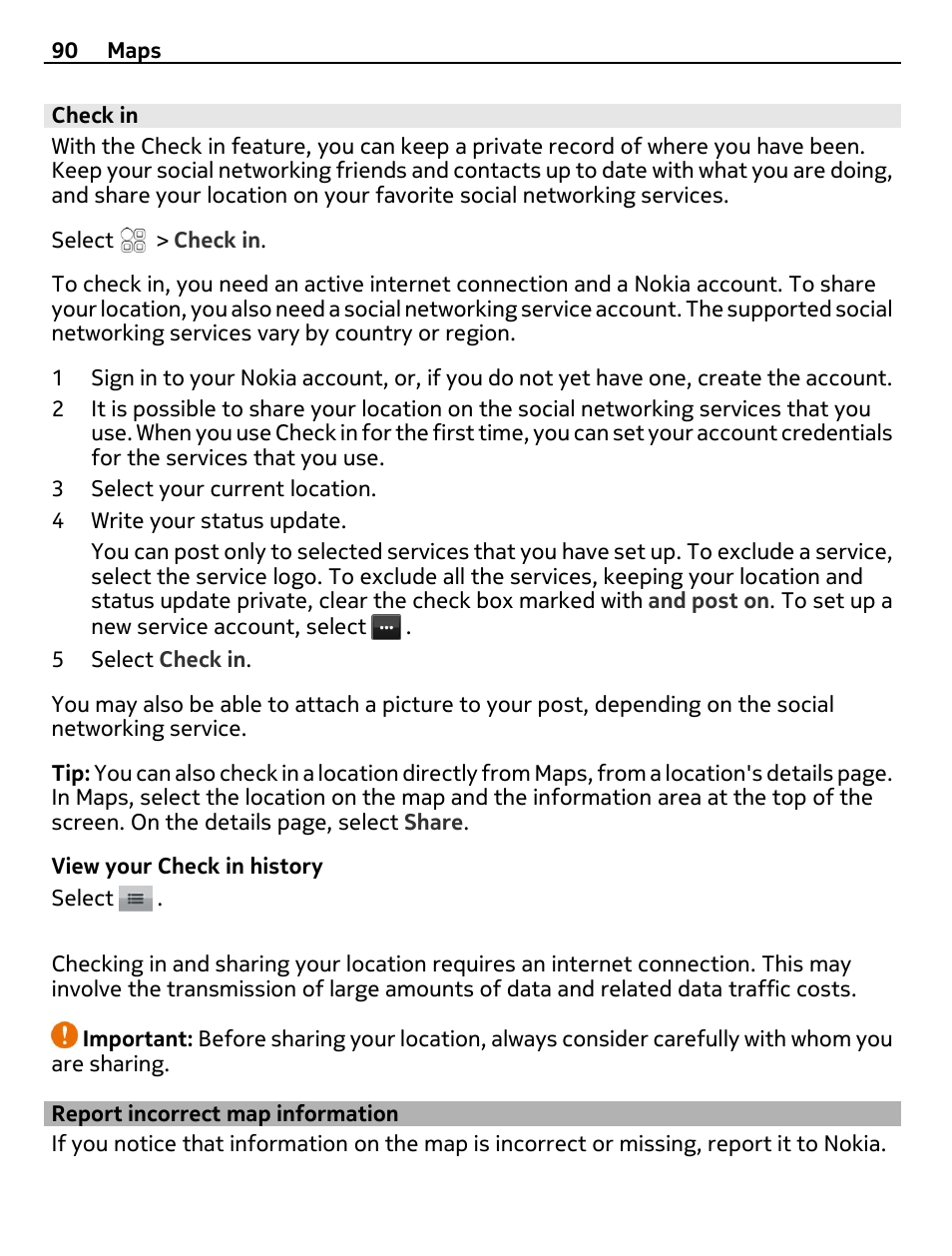 Check in, Report incorrect map information | Nokia 700 User Manual | Page 90 / 130