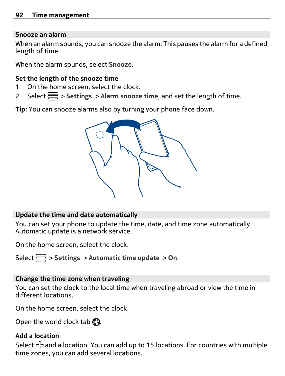 Snooze an alarm, Update the time and date automatically, Change the time zone when traveling | Nokia 700 User Manual | Page 92 / 130