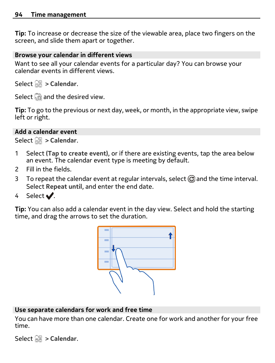 Browse your calendar in different views, Add a calendar event, Use separate calendars for work and free time | Nokia 700 User Manual | Page 94 / 130