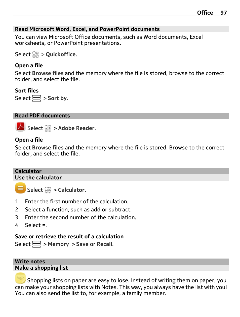 Read pdf documents, Calculator, Use the calculator | Write notes, Make a shopping list | Nokia 700 User Manual | Page 97 / 130