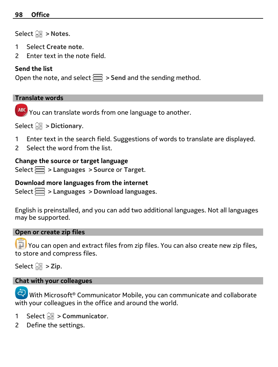 Translate words, Open or create zip files, Chat with your colleagues | Nokia 700 User Manual | Page 98 / 130