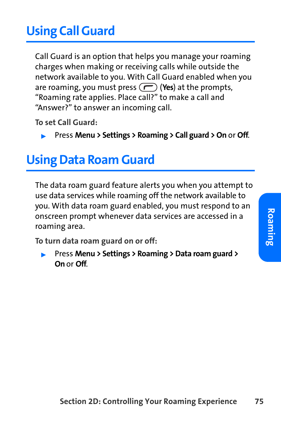 Using call guard, Using data roam guard | Nokia 6165i User Manual | Page 101 / 231