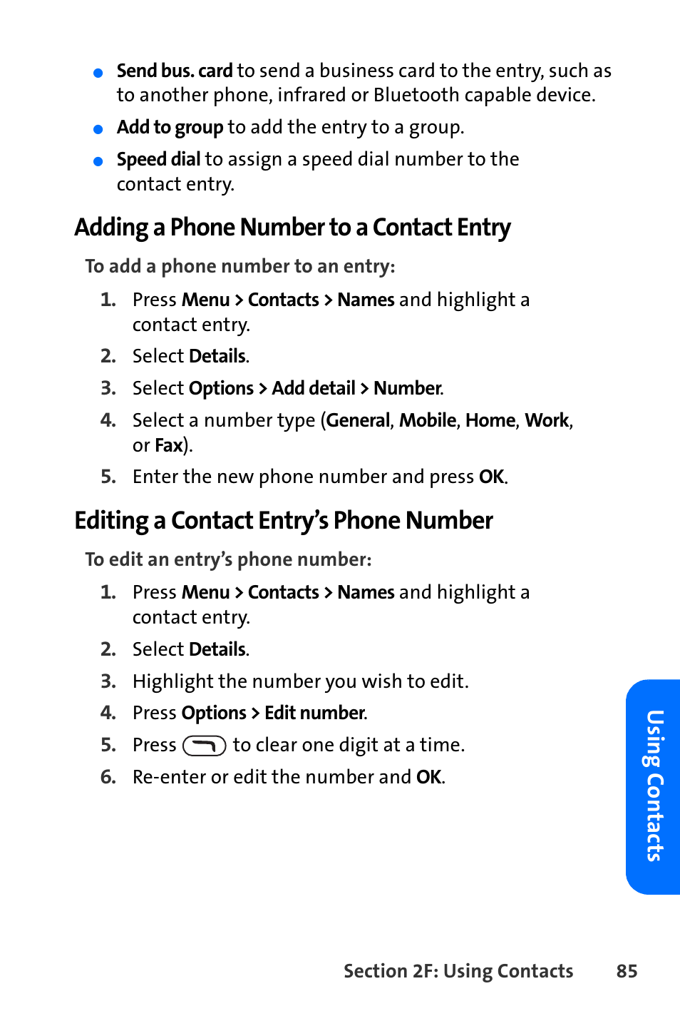 Adding a phone number to a contact entry, Editing a contact entry’s phone number, Using c o ntac ts | Nokia 6165i User Manual | Page 111 / 231