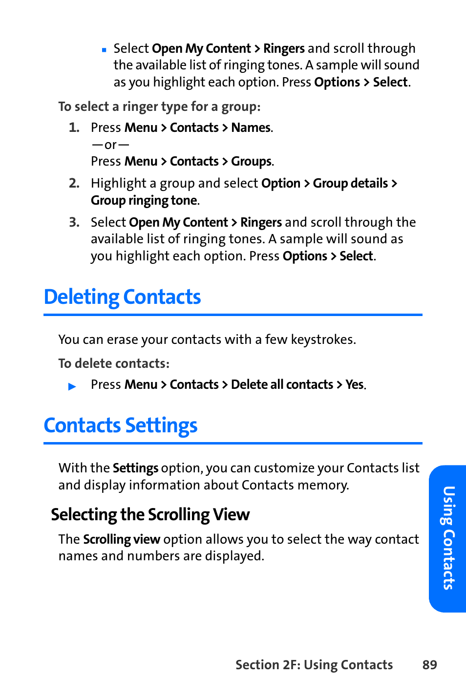 Deleting contacts, Contacts settings, Selecting the scrolling view | Nokia 6165i User Manual | Page 115 / 231