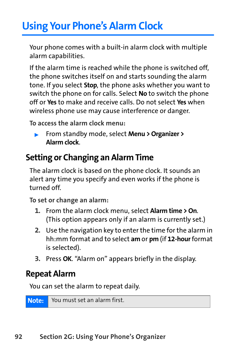 Using your phone’s alarm clock, Setting or changing an alarm time, Repeat alarm | Nokia 6165i User Manual | Page 118 / 231