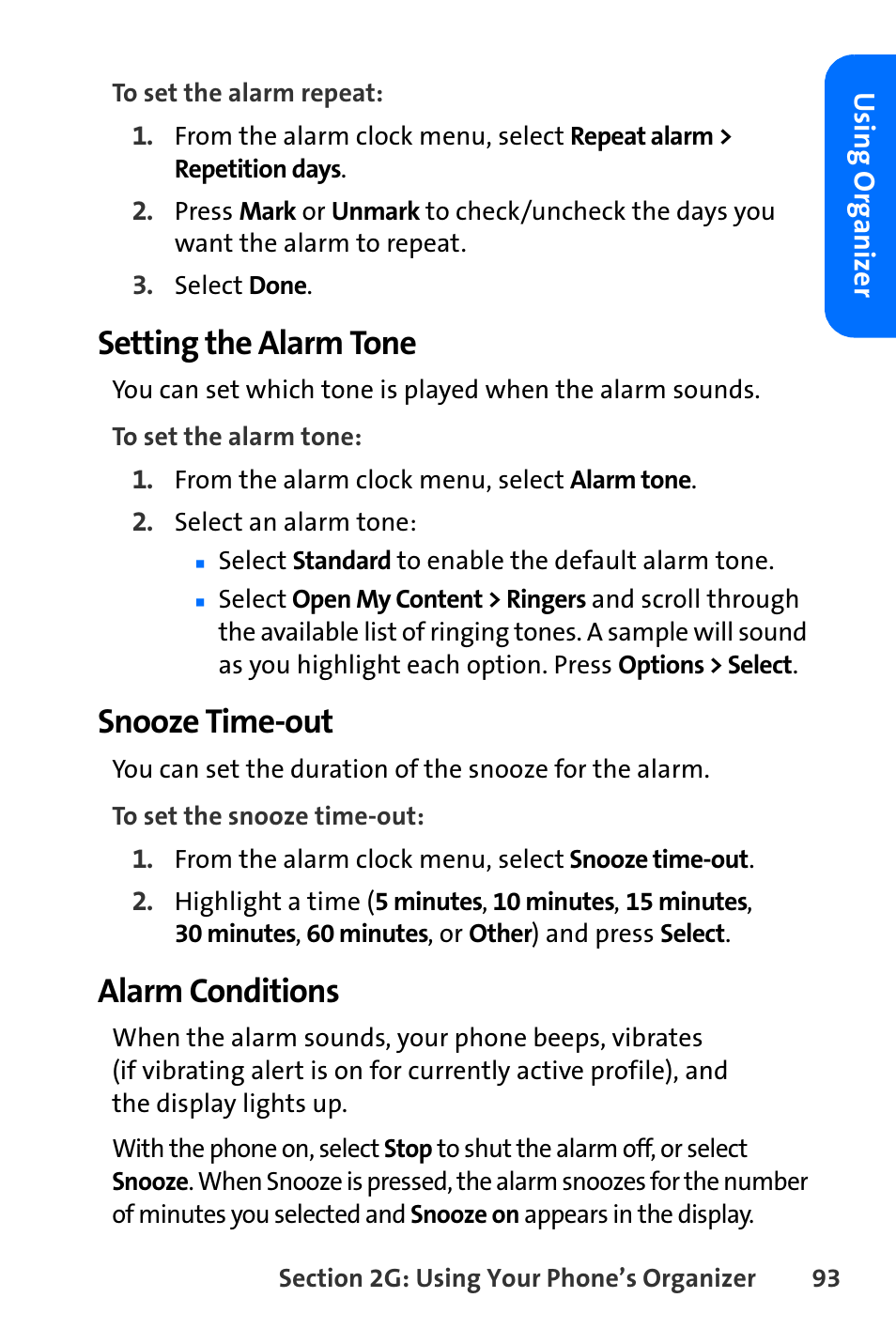 Setting the alarm tone, Snooze time-out, Alarm conditions | Nokia 6165i User Manual | Page 119 / 231
