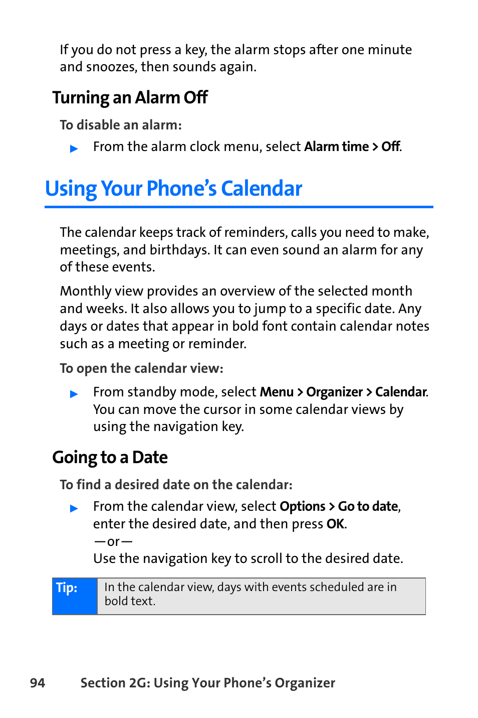 Using your phone’s calendar, Turning an alarm off, Going to a date | Nokia 6165i User Manual | Page 120 / 231