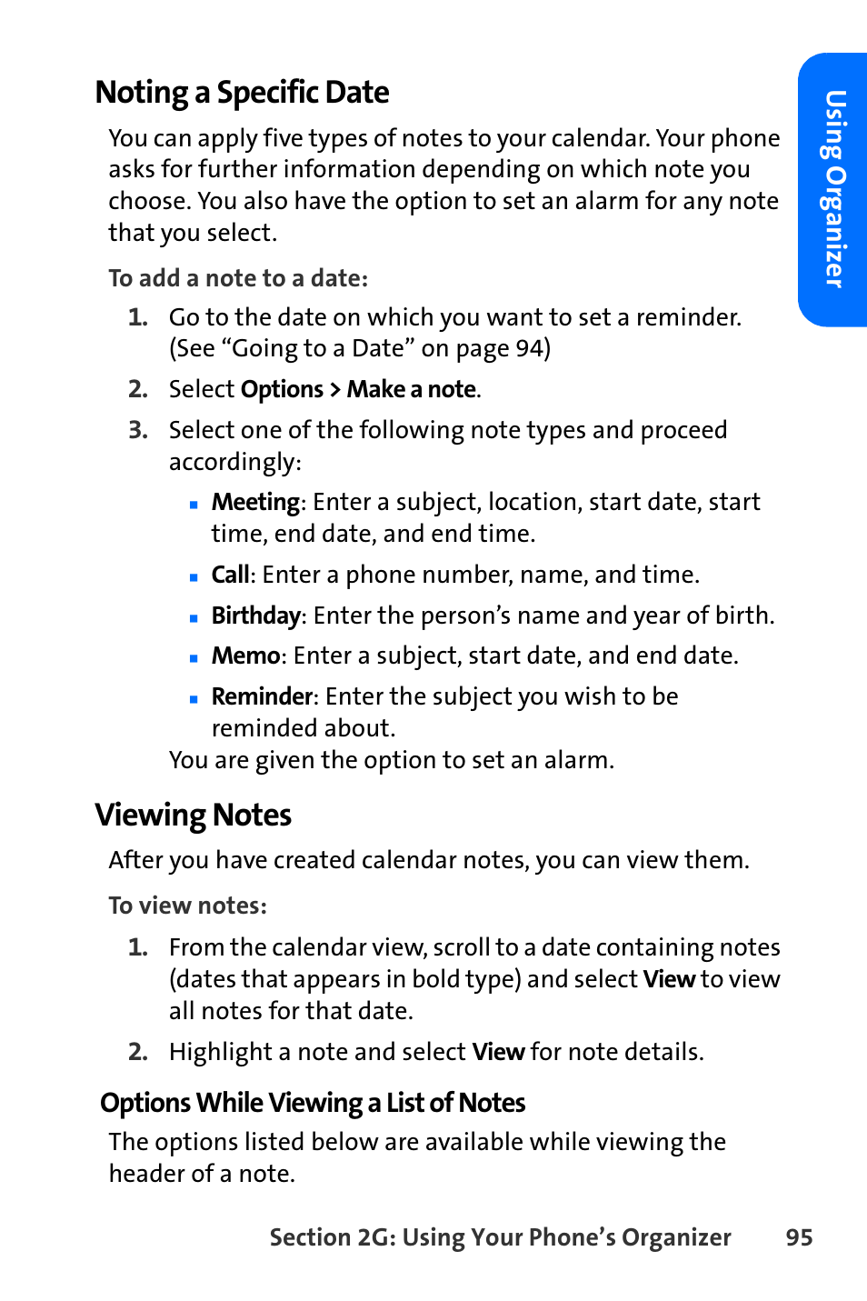Noting a specific date, Using or ganiz e r | Nokia 6165i User Manual | Page 121 / 231
