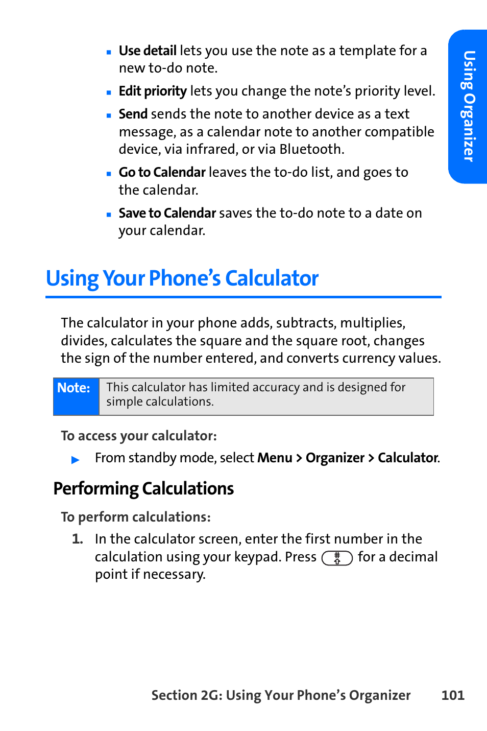 Using your phone’s calculator, Performing calculations, Using or ganiz e r | Nokia 6165i User Manual | Page 127 / 231
