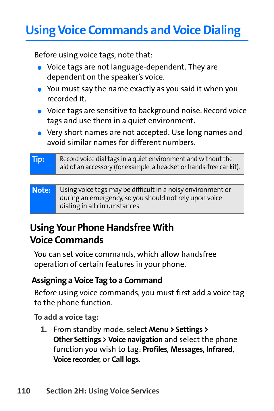Using voice commands and voice dialing, Using your phone handsfree with voice commands, Assigning a voice tag to a command | Nokia 6165i User Manual | Page 136 / 231