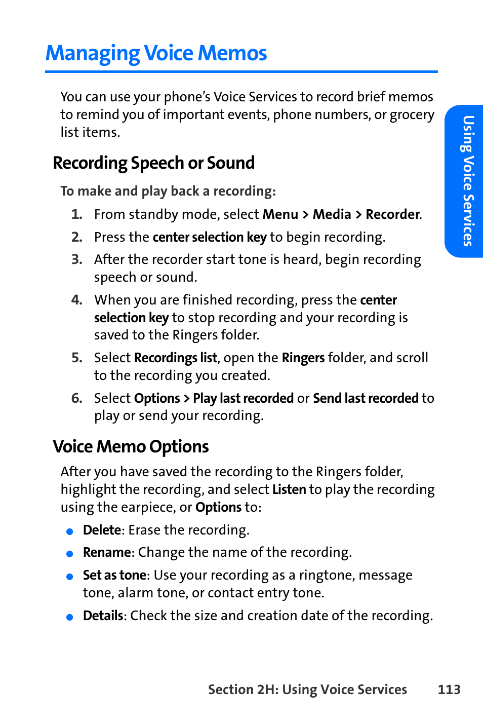 Managing voice memos, Recording speech or sound | Nokia 6165i User Manual | Page 139 / 231
