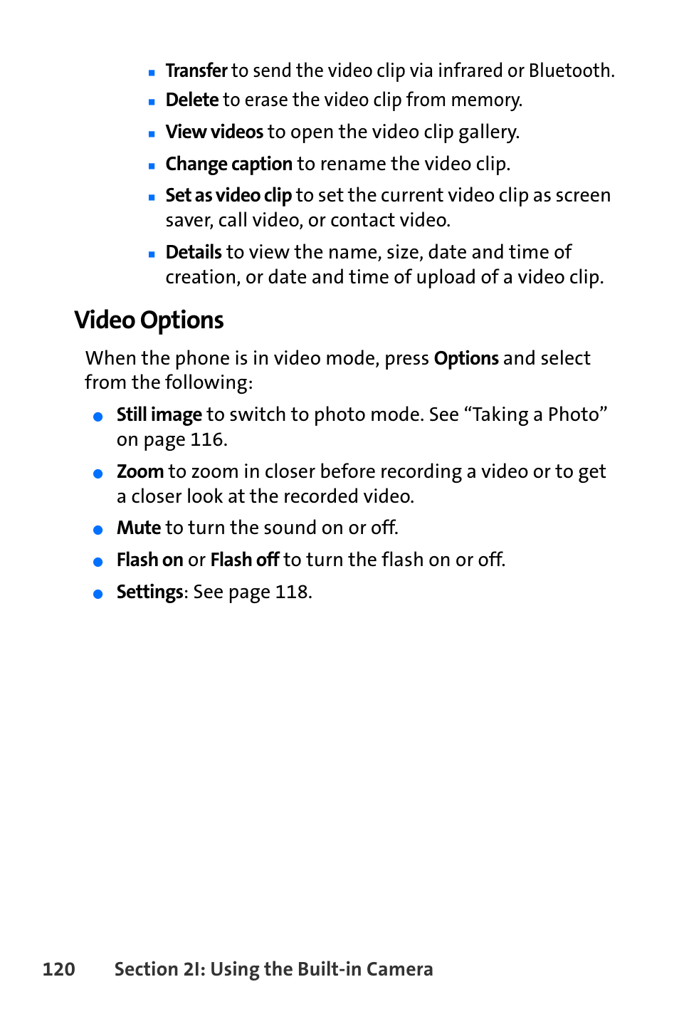 Video options, View videos to open the video clip gallery, Change caption to rename the video clip | Mute to turn the sound on or off, Flash on or flash off to turn the flash on or off, Settings : see page 118 | Nokia 6165i User Manual | Page 146 / 231