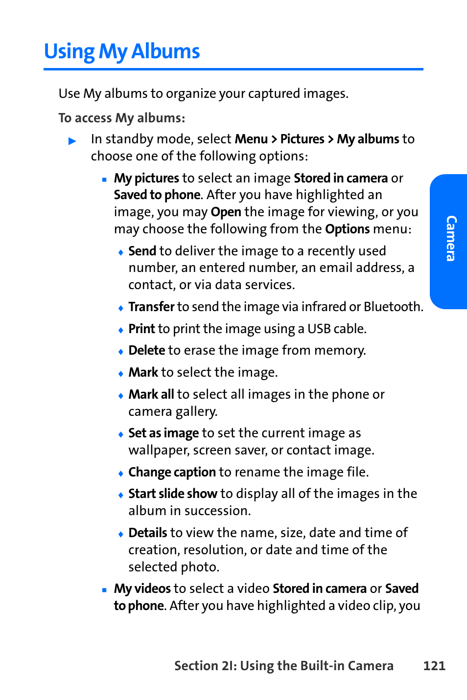 Using my albums, Ca m era, Print to print the image using a usb cable | Mark to select the image, Change caption to rename the image file | Nokia 6165i User Manual | Page 147 / 231
