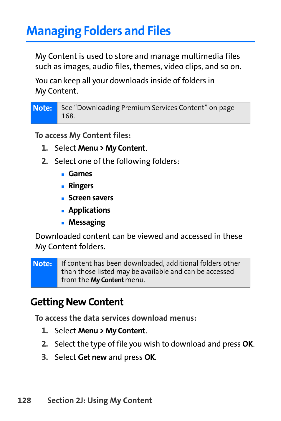Managing folders and files, Getting new content | Nokia 6165i User Manual | Page 154 / 231