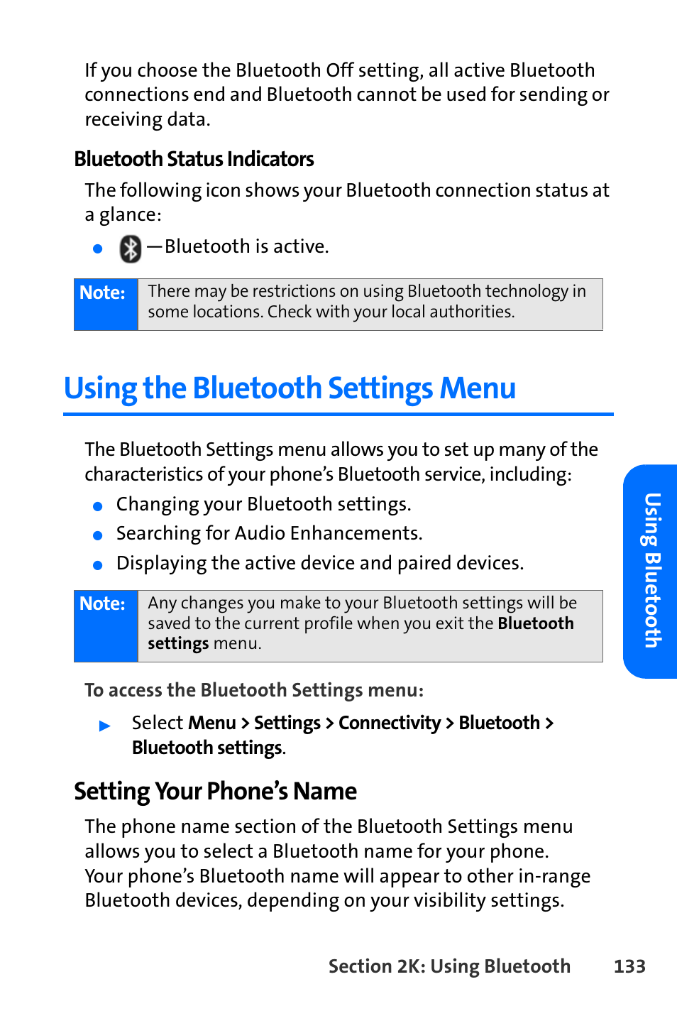 Using the bluetooth settings menu, Setting your phone’s name, Usin g b lue to ot h | Bluetooth status indicators | Nokia 6165i User Manual | Page 159 / 231
