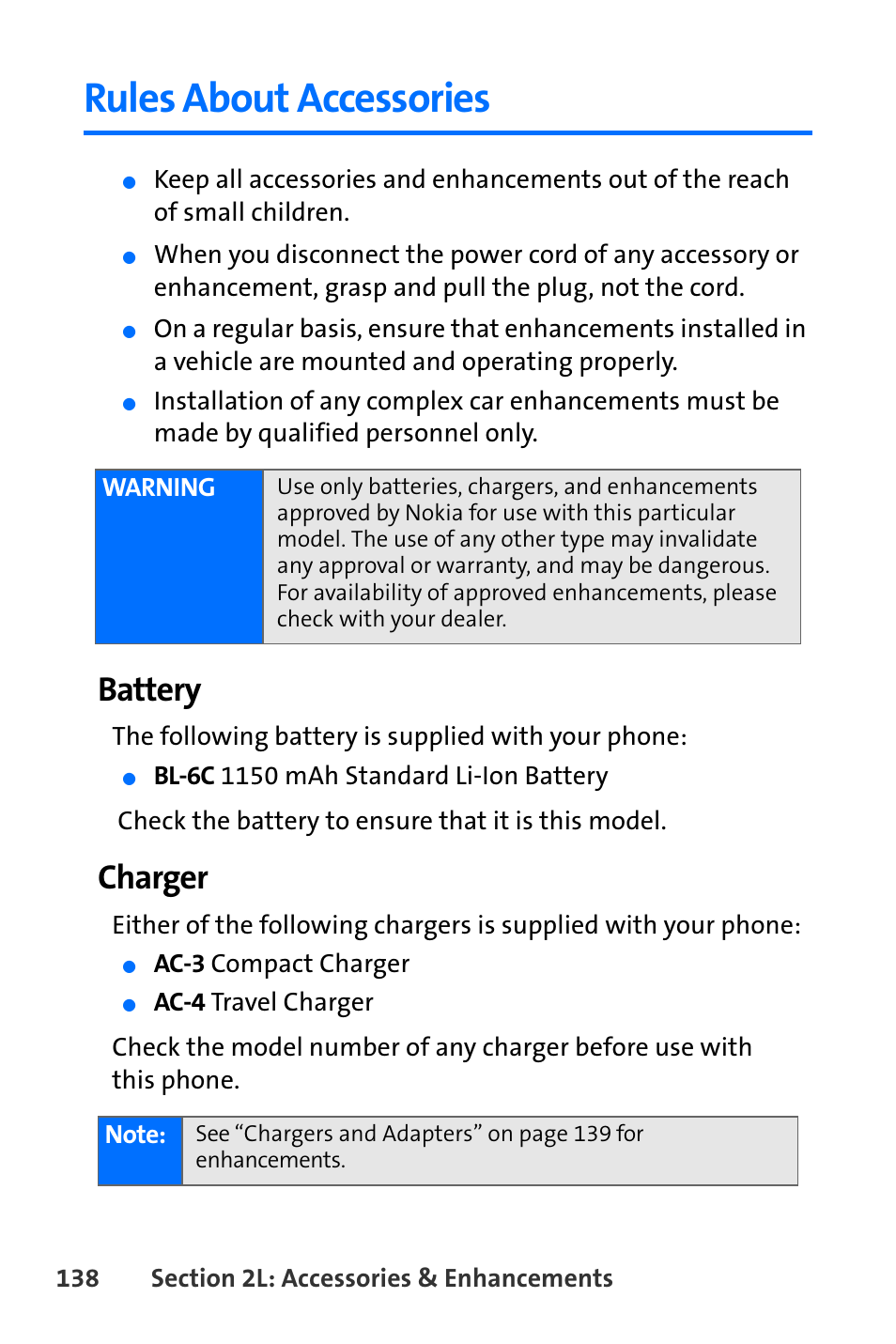 Rules about accessories, Battery, Charger | Nokia 6165i User Manual | Page 164 / 231