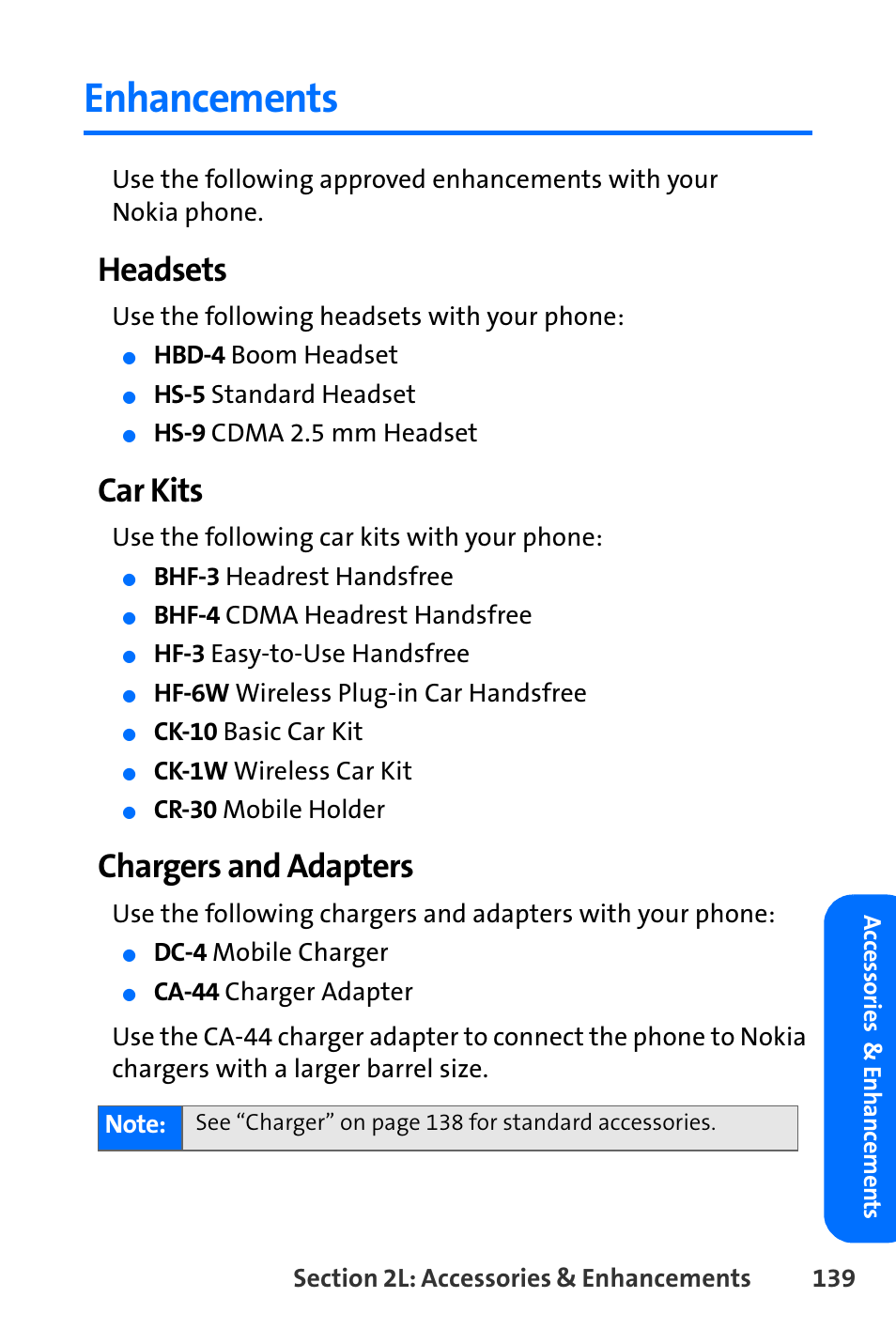 Enhancements, Headsets, Car kits | Chargers and adapters | Nokia 6165i User Manual | Page 165 / 231