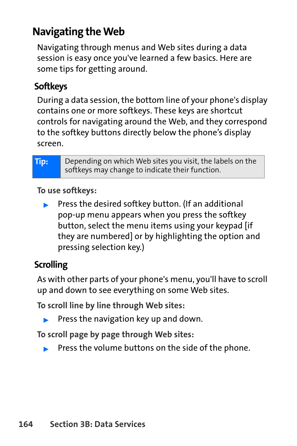 Navigating the web, Softkeys, Scrolling | Nokia 6165i User Manual | Page 190 / 231