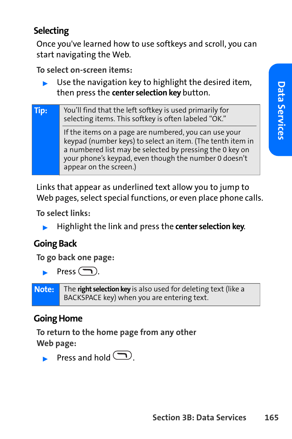 Da ta ser v ices, Selecting, Going back | Going home | Nokia 6165i User Manual | Page 191 / 231