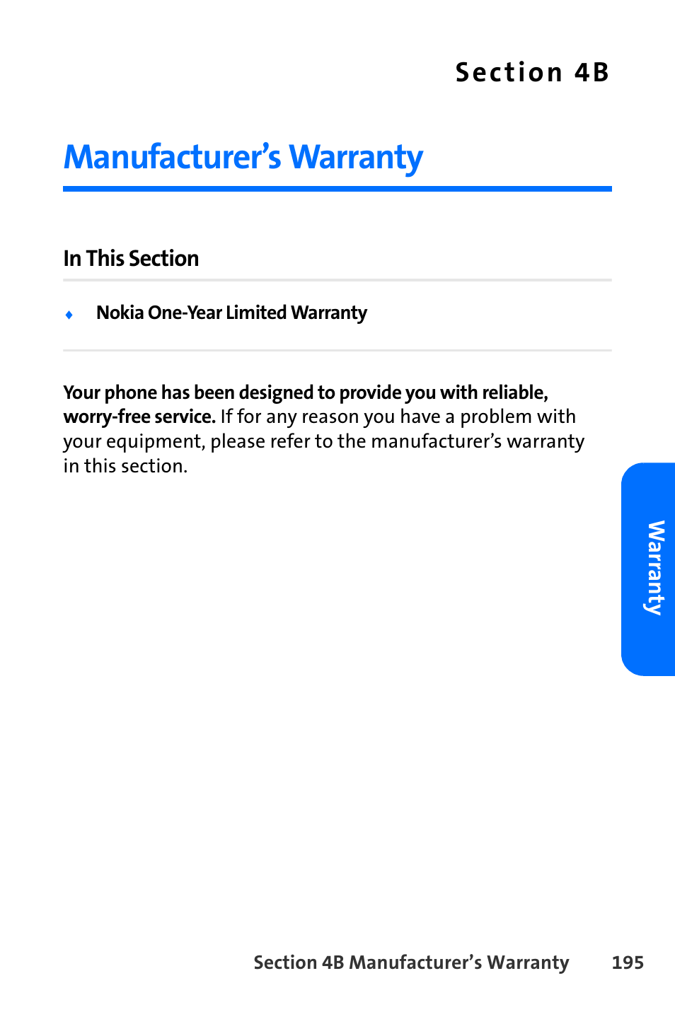 Manufacturer’s warranty, 4b. manufacturer’s warranty | Nokia 6165i User Manual | Page 221 / 231
