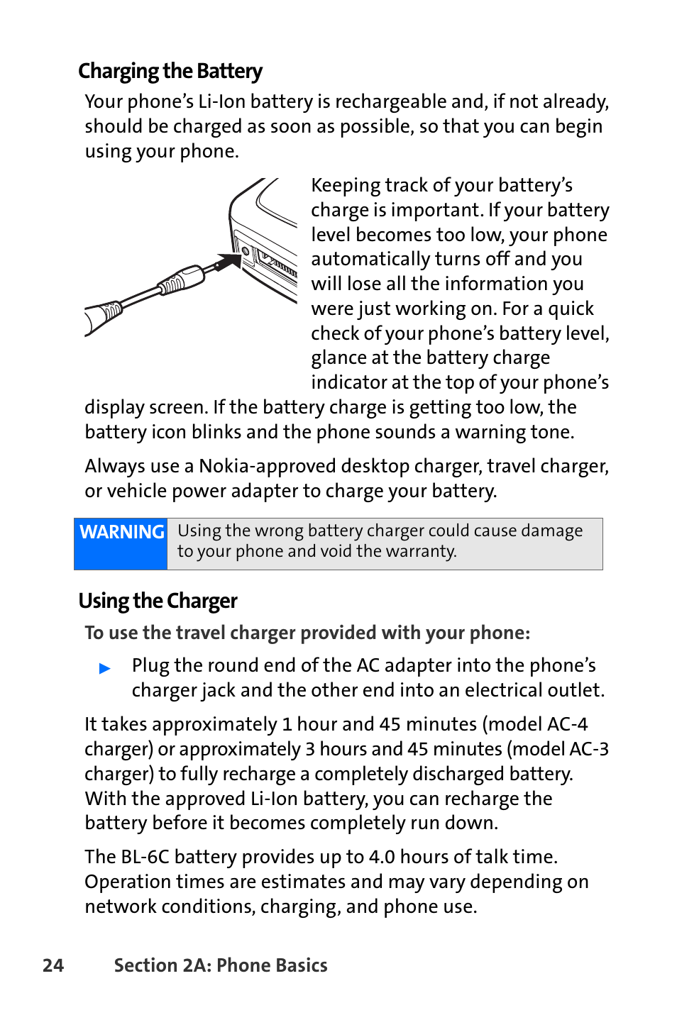 Charging the battery, Using the charger | Nokia 6165i User Manual | Page 50 / 231